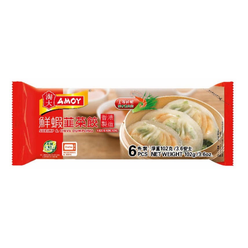 淘大鲜虾韭菜饺包装背面，展示营养成分表、配料详情及烹饪方法说明。