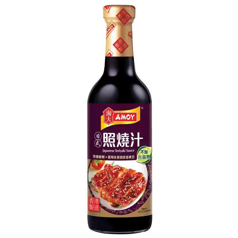 淘大日式照烧汁 450ml 瓶身正面图，香港制造，标签清晰展示零添加防腐剂信息