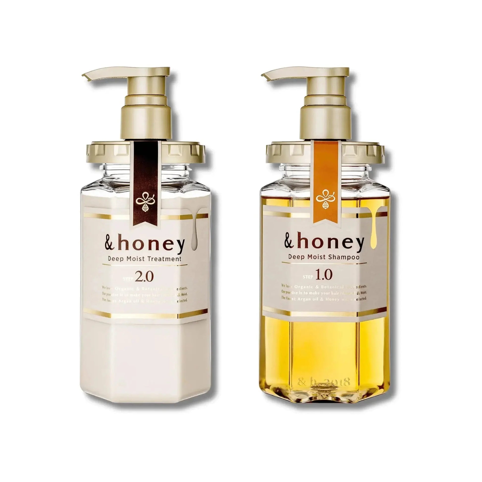 &honey 洗护套装组合图，包含一瓶白色护发素与一瓶黄色洗发水并排展示。