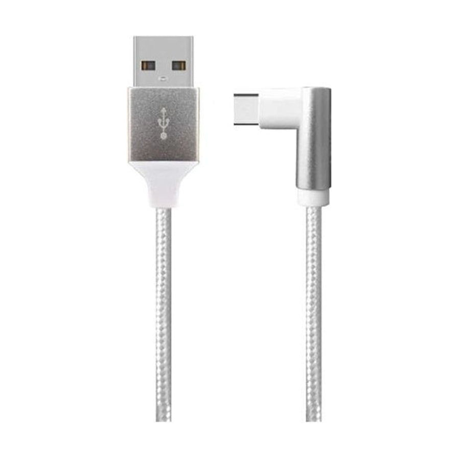 Android Micro USB 编织充电数据线特写，展示 USB - A 接口和 L 型弯头 Micro USB 接口细节。