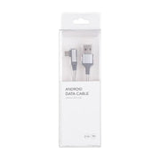 Android Micro USB 编织充电数据线白色包装盒正面图，显示 2.1A 电流和 1M 长度规格。