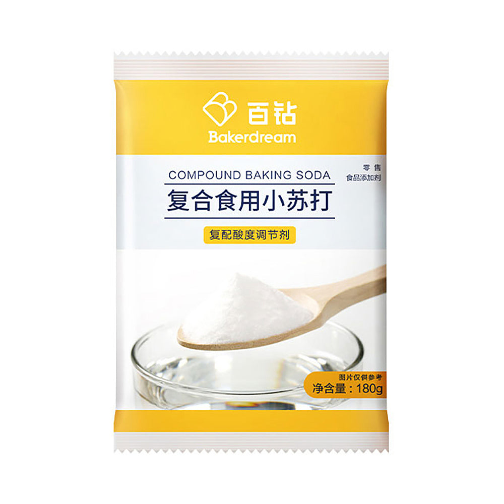 安琪百钻复合小苏打粉 180g 单包装正面图，白色袋身印有品牌与产品用途说明