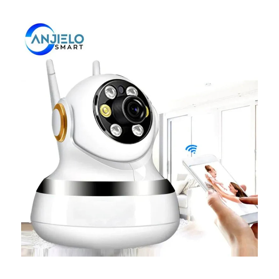ANJIELO SMART 监控摄像头在室内环境中的应用展示，手机远程查看实时画面。