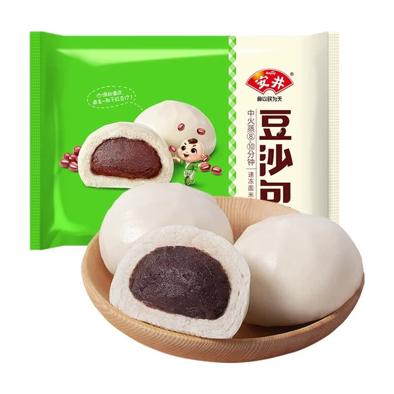 安井豆沙包产品主图，展示松软面皮与细腻红豆馅的冷冻中式面点包装
