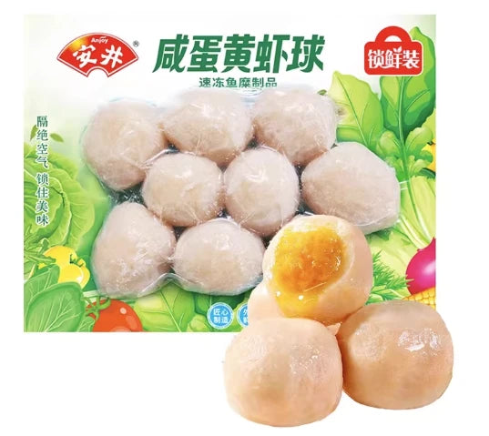 安井咸蛋黄虾球 180g 锁鲜装正面包装图，展示品牌 Logo 与产品名称