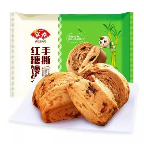 安井红糖手撕馒头包装正面，展示 510g 规格与层层分明的手撕纹理