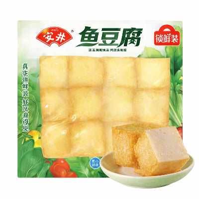 安井鱼豆腐 240g 锁鲜装正面包装图，白色袋身印有红色品牌标识和产品实物图案。