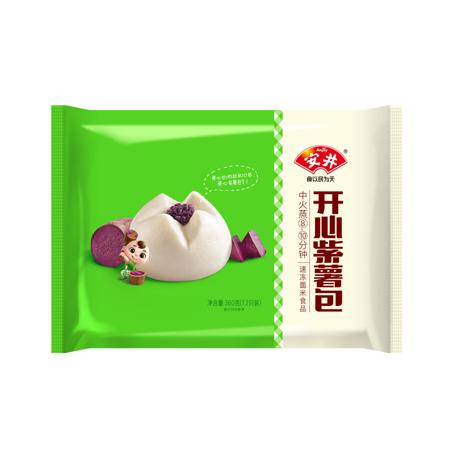 安井开心紫薯包正面包装图，绿色与米白色拼接设计，标有开心紫薯包字样及蒸煮建议。