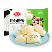 安井奶白小馒头包装正面图，白色袋装显示 8 只装纯牛奶和面早餐速食产品