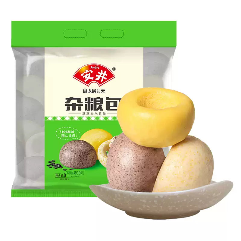 安井杂粮包主图，展示多种颜色和形状的冷冻面点组合