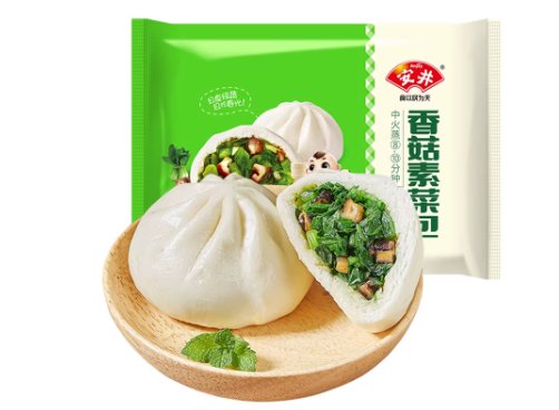 安井香菇素菜包产品主图，展示皮薄馅多的冷冻包子外观