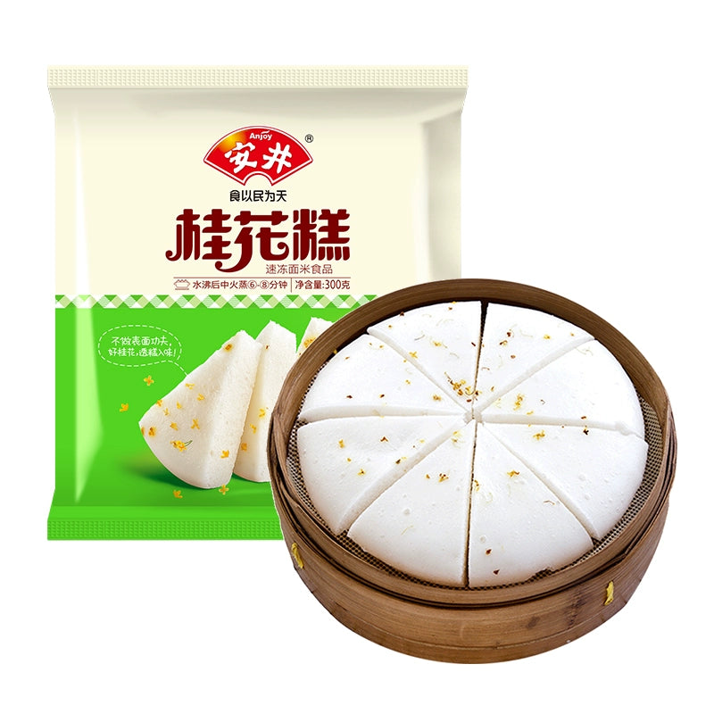 安井桂花糕冷冻包装正面图，白色袋身印有桂花图案和产品名称