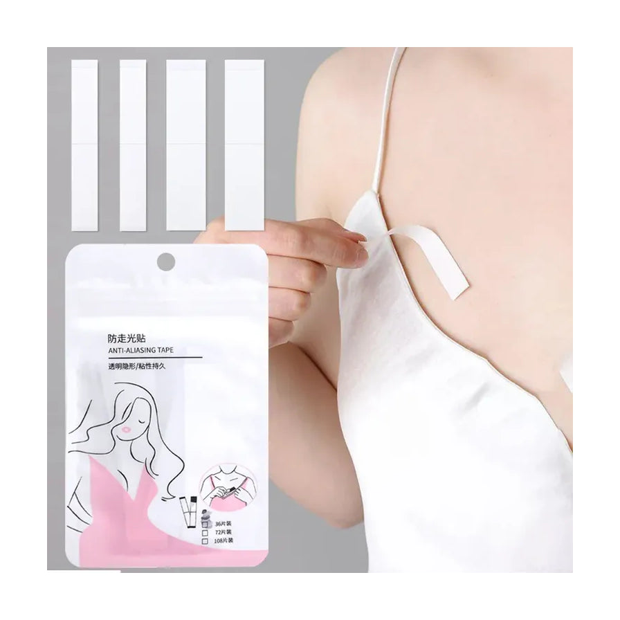 防走光贴使用演示图，展示将透明胶带粘贴于白色吊带肩带内侧以固定衣物。