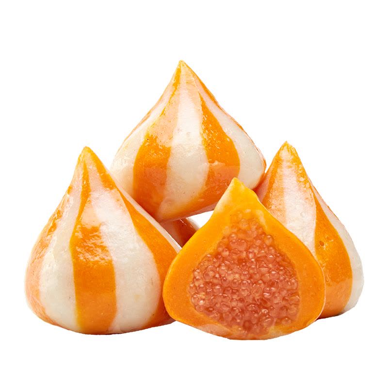 煮熟后的鱼籽包特写，展示咬开后爆浆的鱼籽内馅与 Q 弹外皮