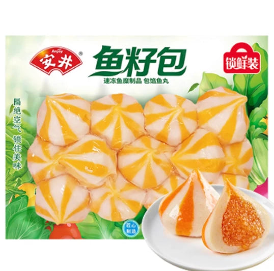 安井鱼籽包冷冻包装正面图，展示品牌标识与产品净含量信息