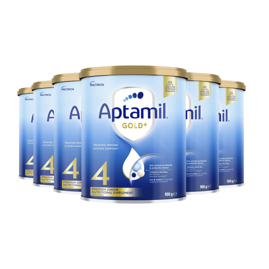 六罐Aptamil爱他美金装4段儿童成长奶粉排列展示，适合长期囤货。