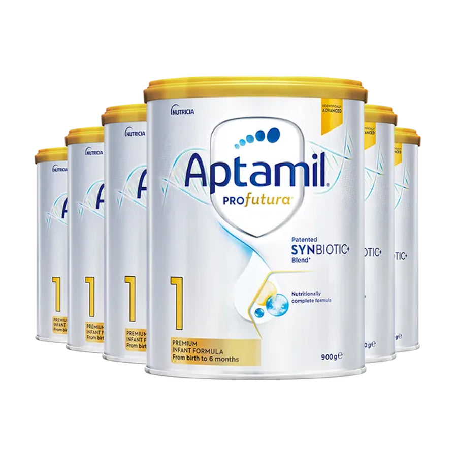 Aptamil爱他美白金版1段奶粉6罐装组合展示，白色背景。