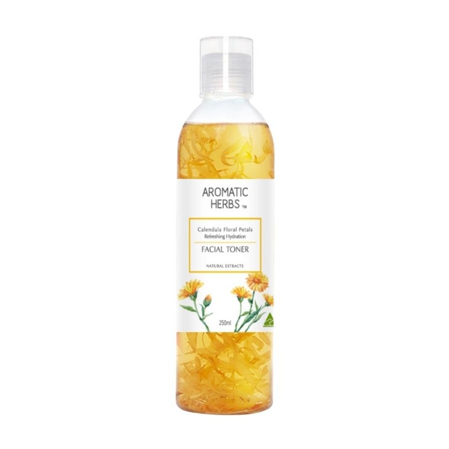 AROMATIC HERBS 金盏花爽肤水正面图，透明瓶身可见真实花瓣