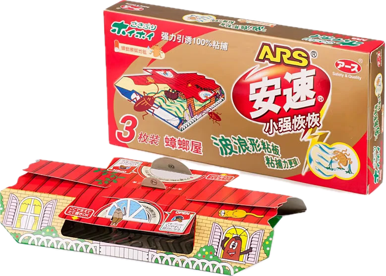 安速小强恢恢蟑螂屋红盒包装，内含波浪形粘板，用于物理捕捉蟑螂。