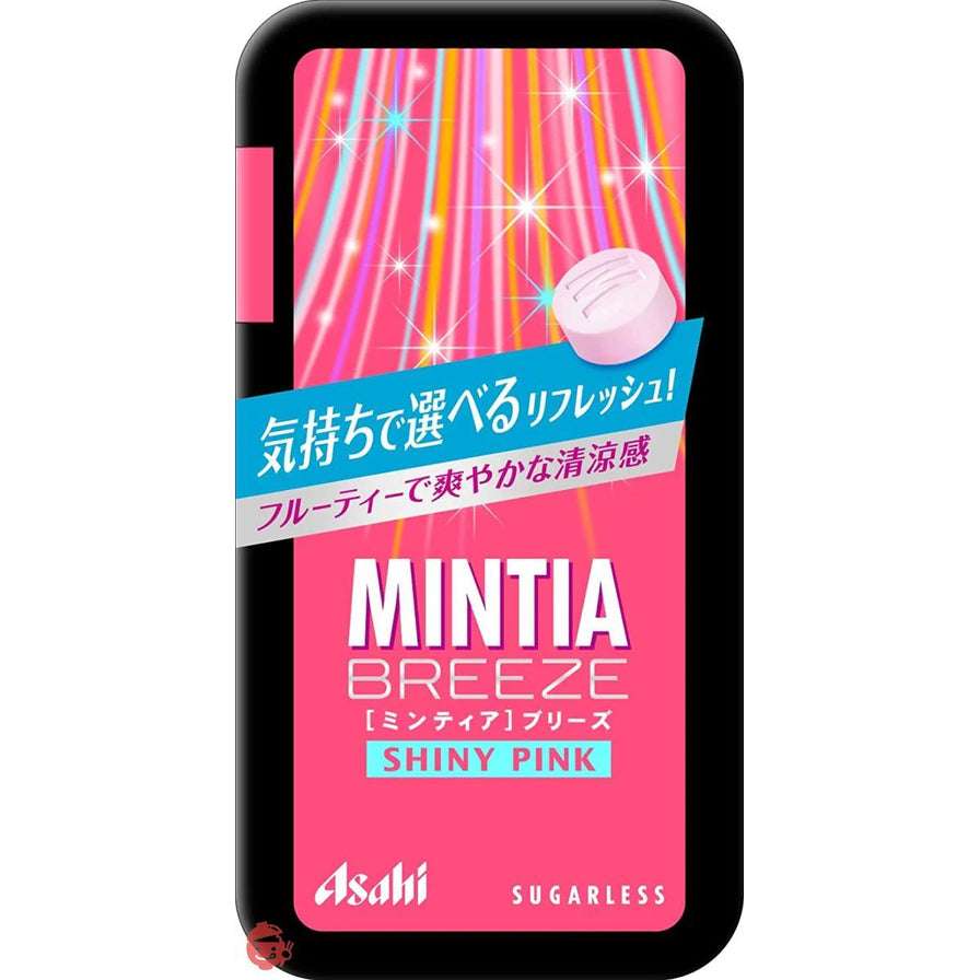 Asahi Mintia Breeze 粉色薄荷糖，粉色包装盒带有闪亮条纹背景，右上角展示了一颗粉白色薄荷糖。