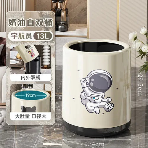 宇航员双桶垃圾桶侧面视角，展示紧凑尺寸和独立桶身结构