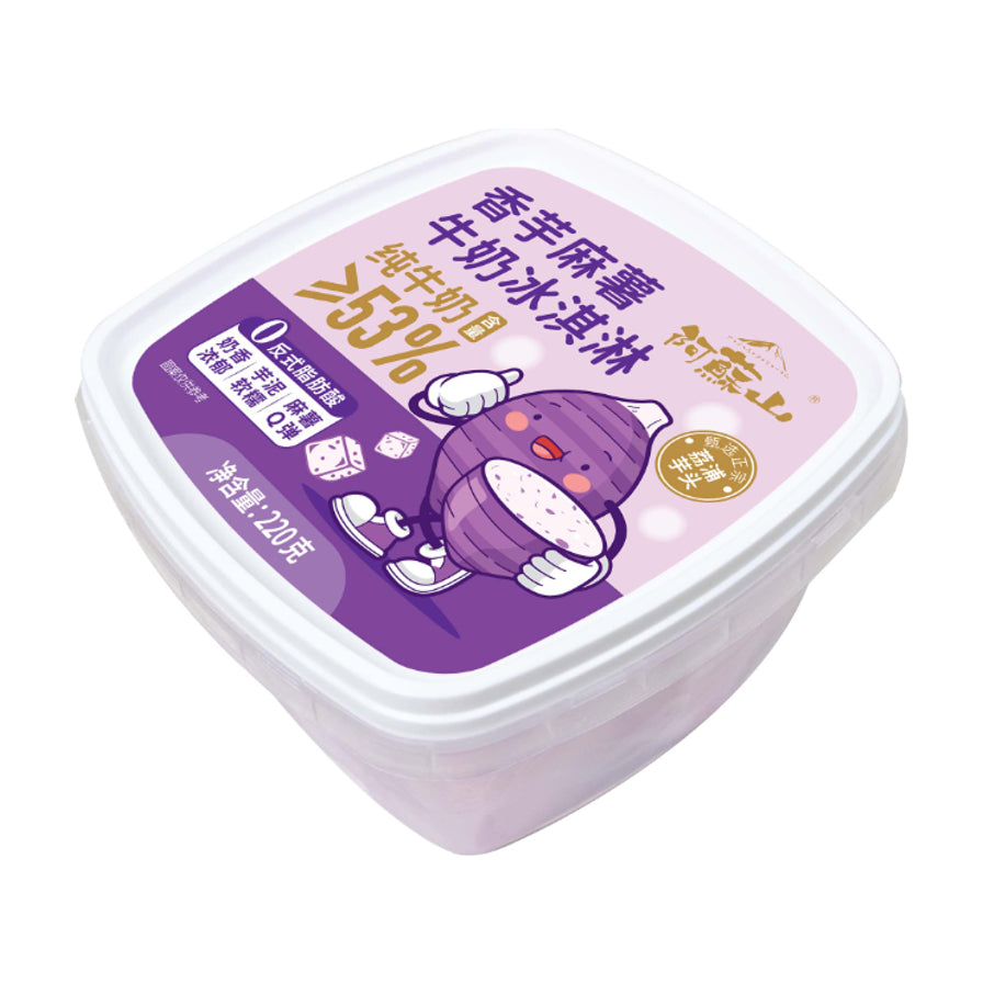 阿苏山香芋麻薯牛奶冰淇淋盒装外观，紫色包装印有卡通芋头图案，标注纯牛奶含量大于等于53%及0反式脂肪酸。