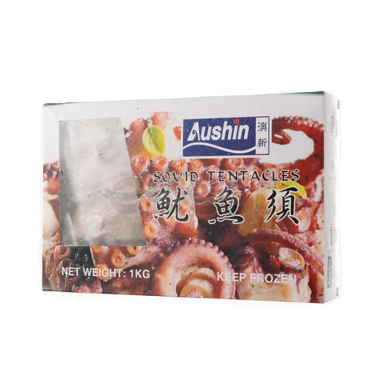 Aushin 澳新冷冻鱿鱼须 1KG 包装正面，展示深海生鲜食材与品牌标识