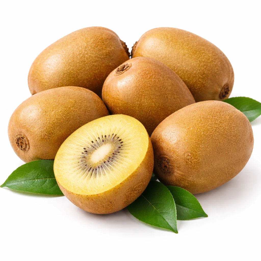 六颗澳洲黄金奇异果特写，果皮金黄带绒毛，果肉饱满多汁