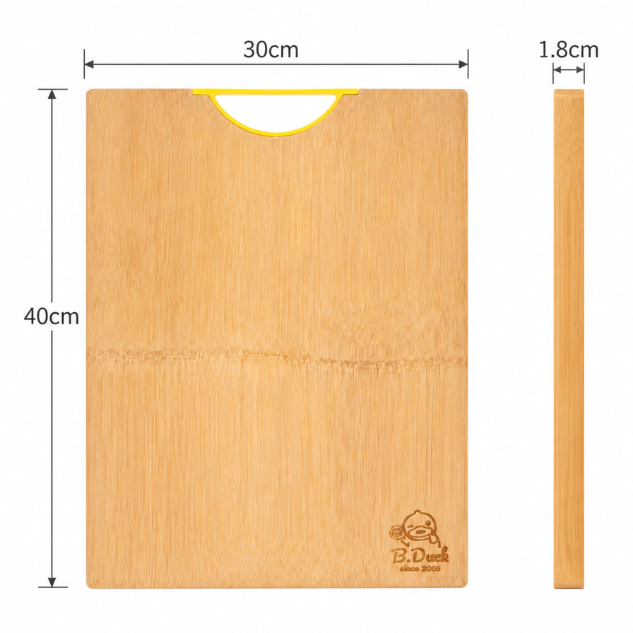 B.DUCK 整竹切菜板尺寸标注图，显示长 40cm，宽 30cm，厚度 1.8cm，包含正面及侧面厚度对比。