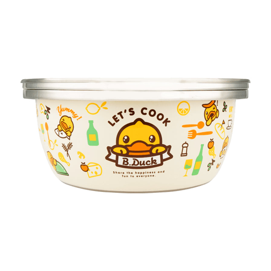 B.DUCK 小黄鸭联名款不锈钢洗菜盆，米白色外壁印有萌趣小黄鸭图案和 LET'S COOK 字样。