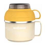 B.Duck小黄鸭304不锈钢泡面杯，1850ml大容量，米白色杯身印有品牌Logo，配有黄色杯盖和双层手柄，白底展示图。