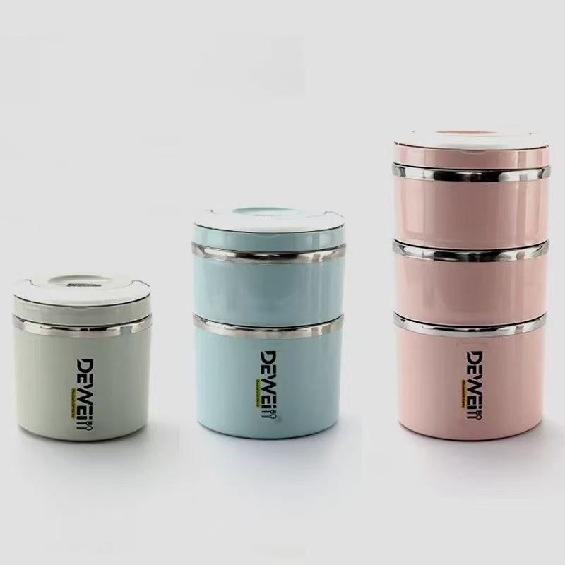 DEWEI炫彩保温饭盒多款颜色堆叠展示以及三零四不锈钢内胆健康材质说明