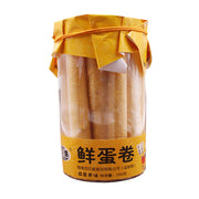 百贝滋原味鲜蛋卷桶装，白色包装封口，透明桶身可见金黄色酥脆蛋卷。