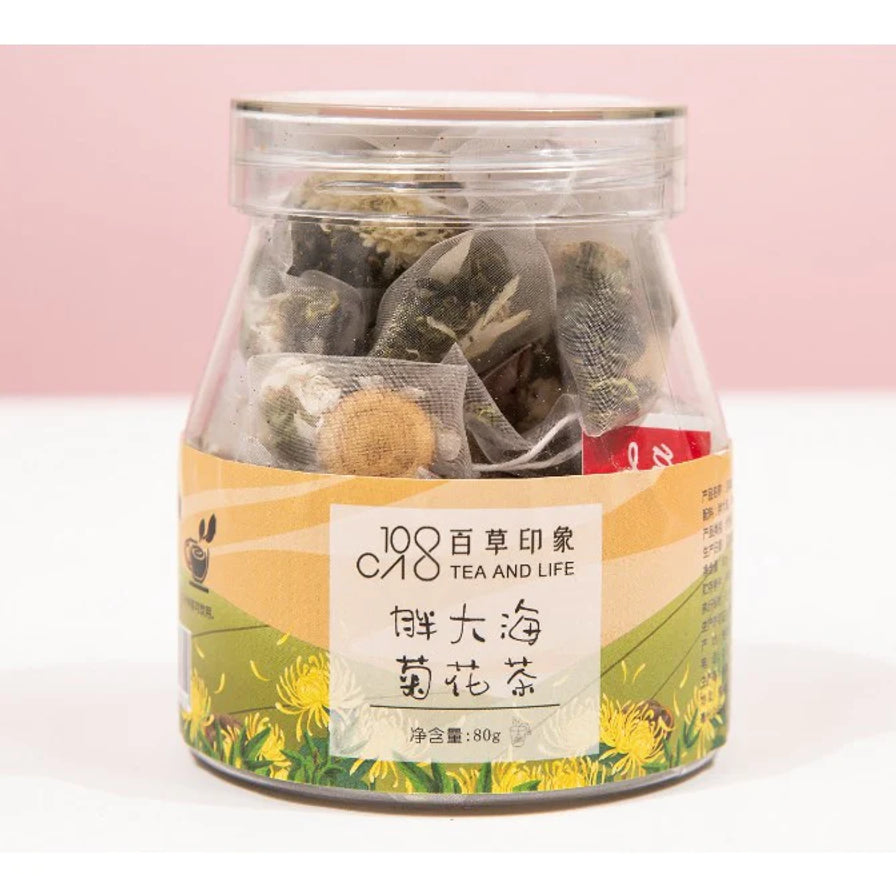 百草印象胖大海菊花茶，透明罐装展示，标签印有菊花图案及产品名称。