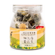 百草印象胖大海菊花茶罐装，透明罐身可见内部独立三角茶包，白色背景。