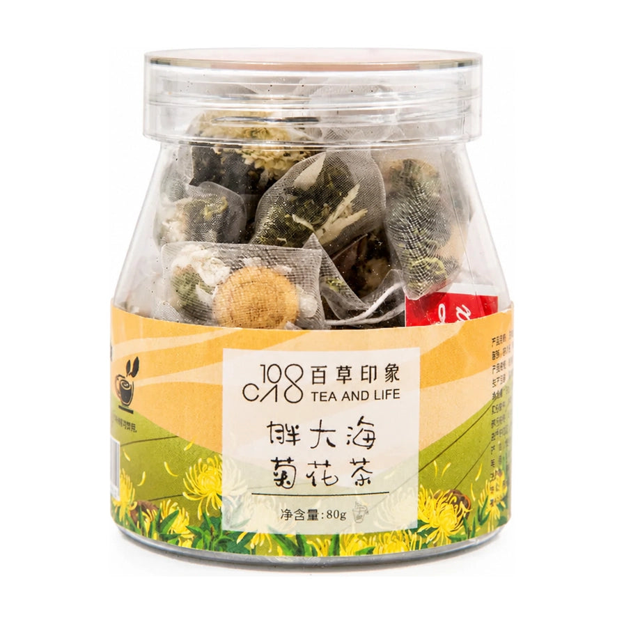 百草印象胖大海菊花茶罐装，透明罐身可见内部独立三角茶包，白色背景。