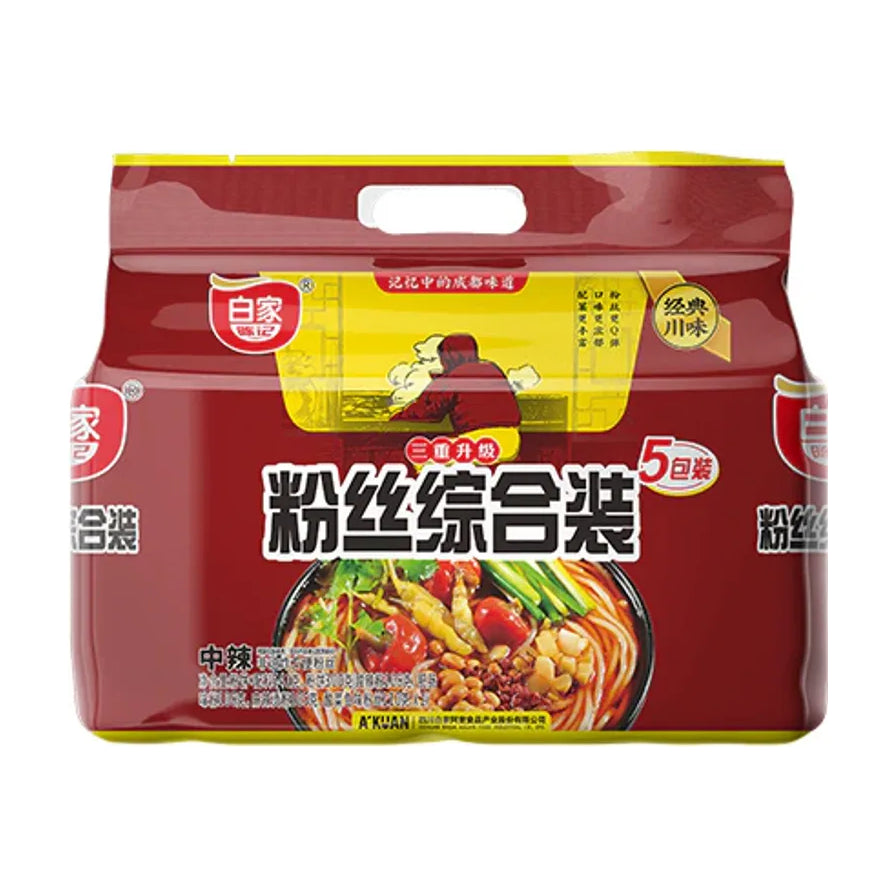 白家粉丝综合装5包大袋包装正面图，红色包装袋上印有粉丝成品图和经典川味字样。