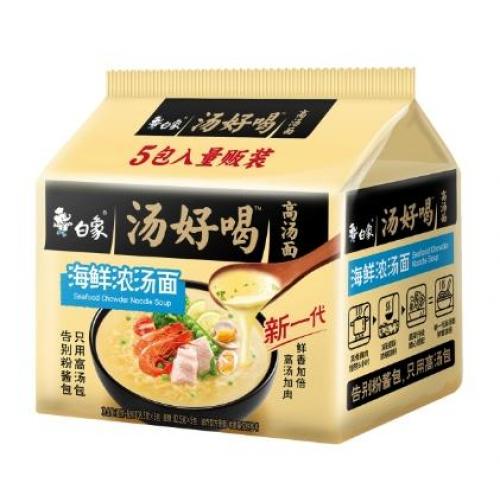 白象汤好喝海鲜浓汤面包装，呈现鲜甜汤底配料与独立面饼