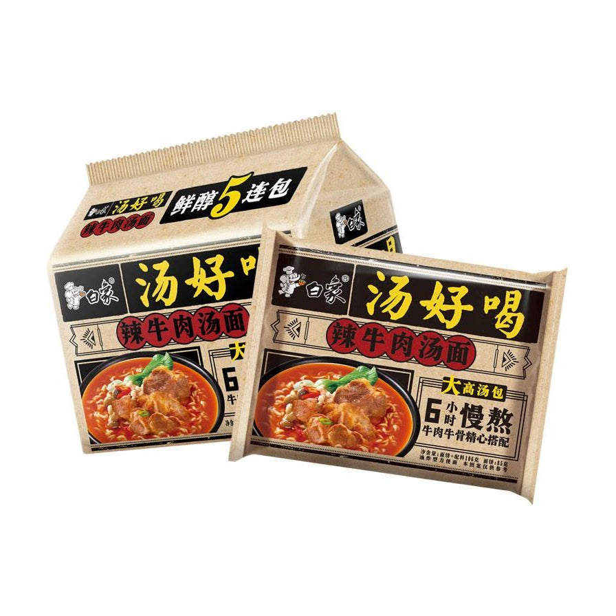 白象汤好喝辣牛肉汤面五连包及单包展示图，包装上印有“6小时慢熬”和牛肉汤面图案。