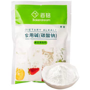 百钻食用碱 250g 白色包装袋正面，用于面食蓬松和肉类嫩化