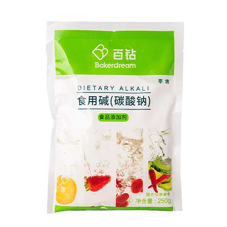 百钻食用碱产品特写图，展示细腻白色粉末质地