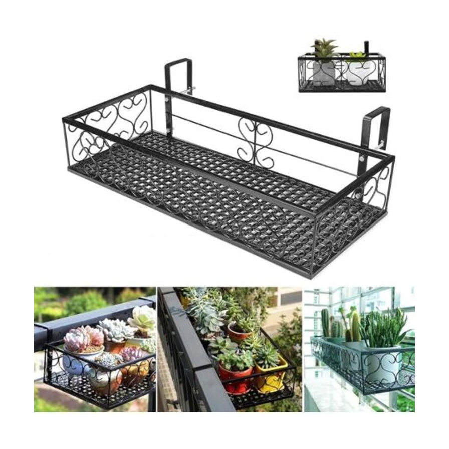 黑色铁艺栏杆花架多角度展示图，包含产品细节及在阳台栏杆上摆放多肉植物的实际使用场景。
