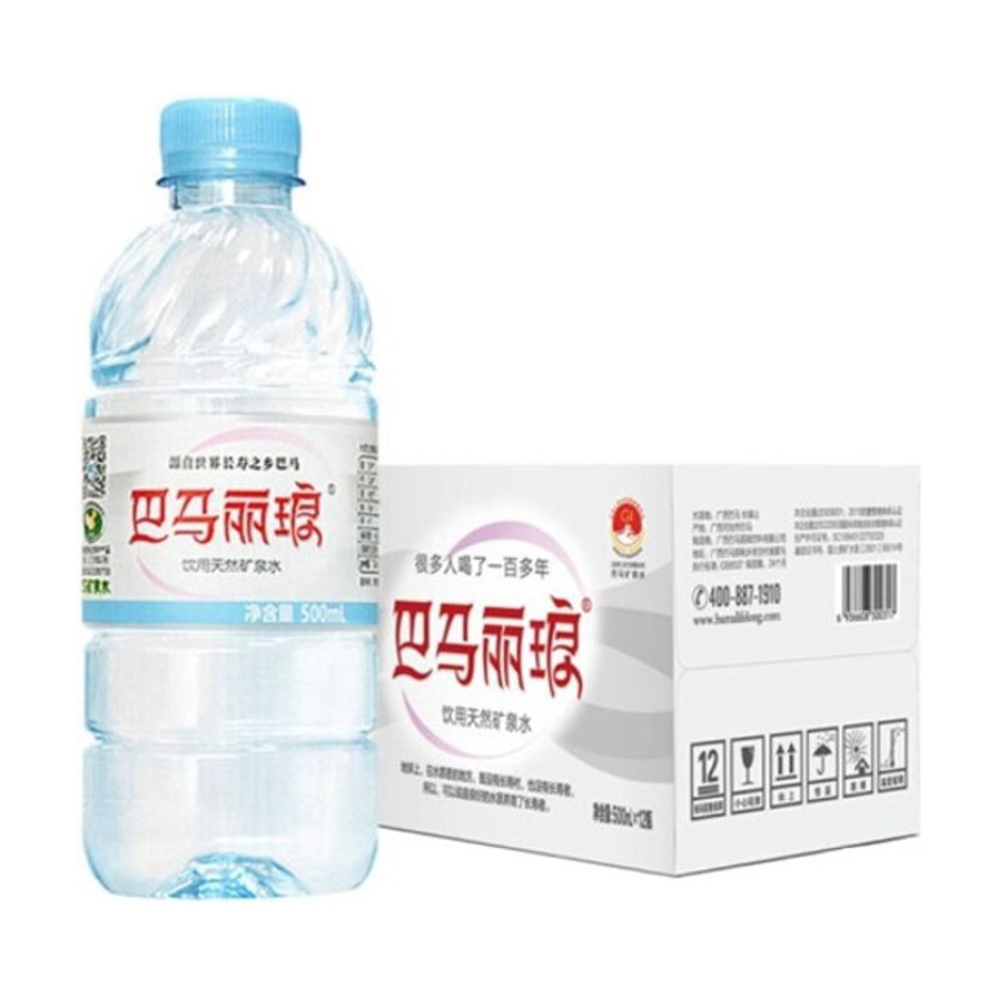 巴马丽琅饮用天然矿泉水 500ml 单瓶与整箱包装展示，白色背景，可见品牌 Logo 及净含量标识。