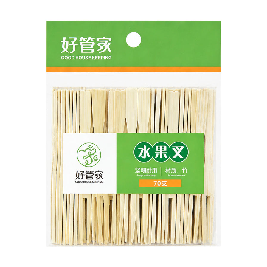 好管家竹质水果叉70支袋装，白色背景，包装正面展示天然竹材与坚韧耐用卖点。