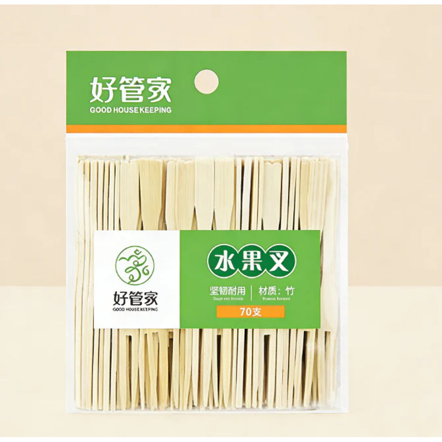 好管家竹质水果叉袋装正面，绿色包装设计，标注70支装及天然竹材质。