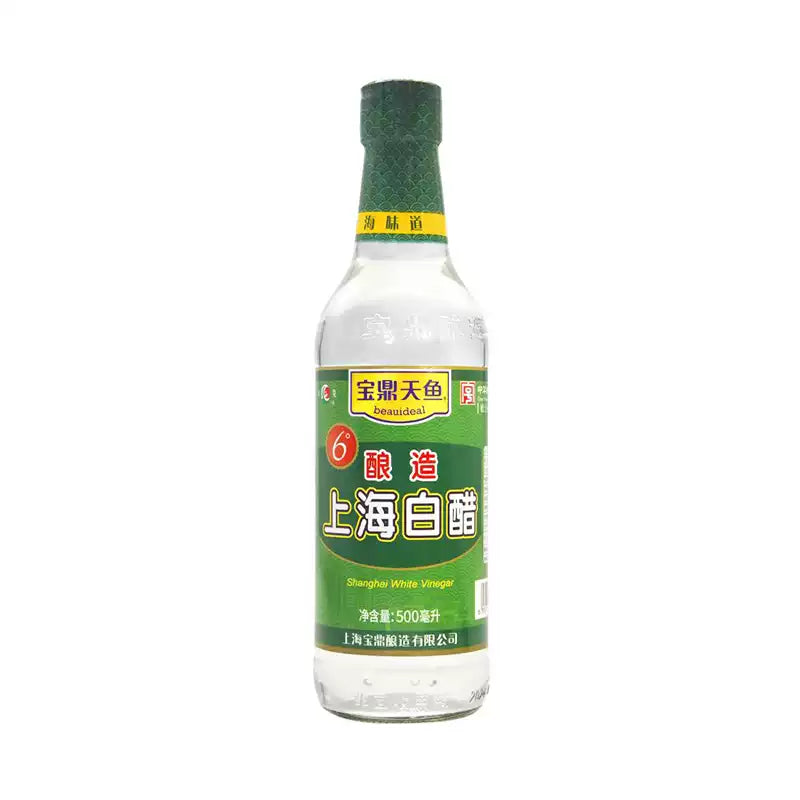 宝鼎天鱼上海白醋 500ml 瓶装正面图，纯粮酿造食醋标签清晰可见