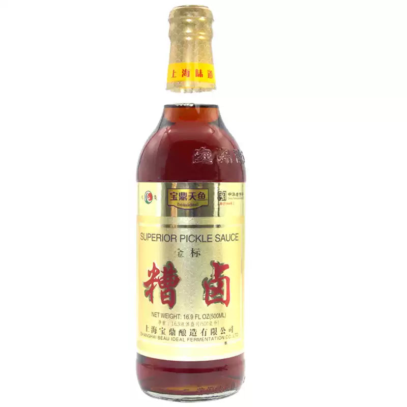 宝鼎糟卤 500ml 玻璃瓶装正面图，上海老字号调味汁