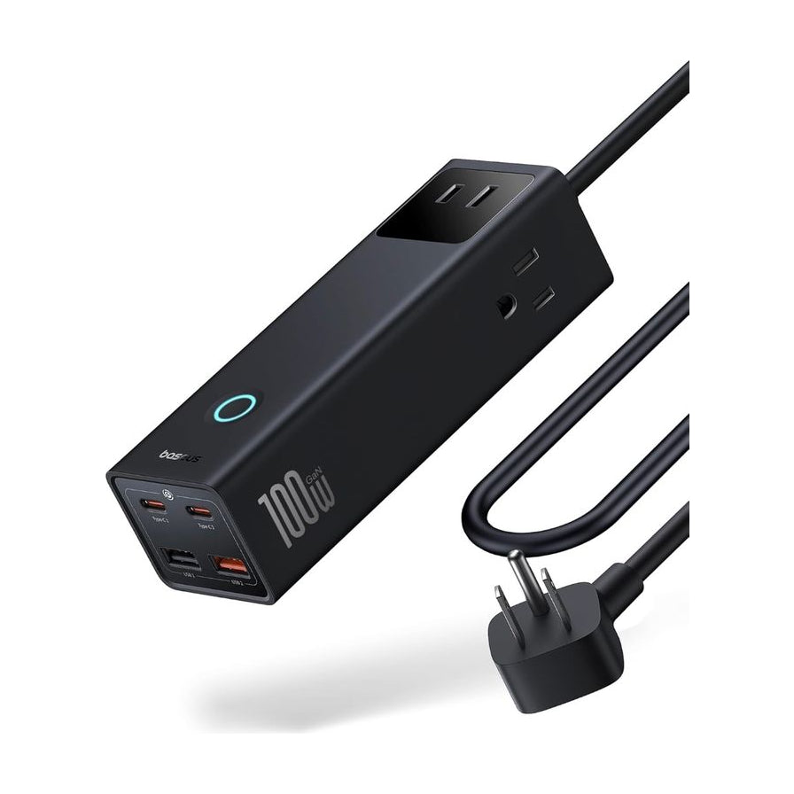 倍思 100W 氮化镓桌面多功能电源插座，黑色长条形设计，正面配有 2 个 USB - C 和 2 个 USB - A 接口，侧面及顶部设有 AC 插孔，带蓝色光圈电源指示灯。