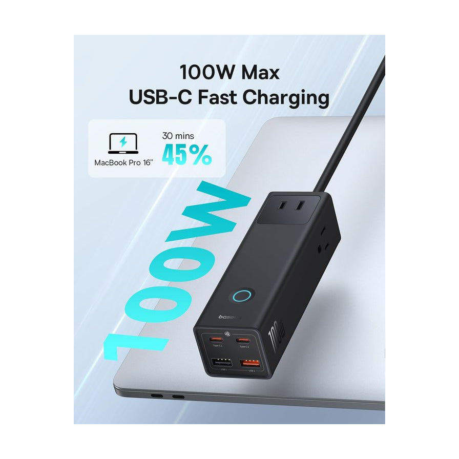 倍思 100W USB - C 快充插座宣传图，显示为 MacBook Pro 16 充电 30 分钟可达 45% 电量，背景为笔记本电脑。