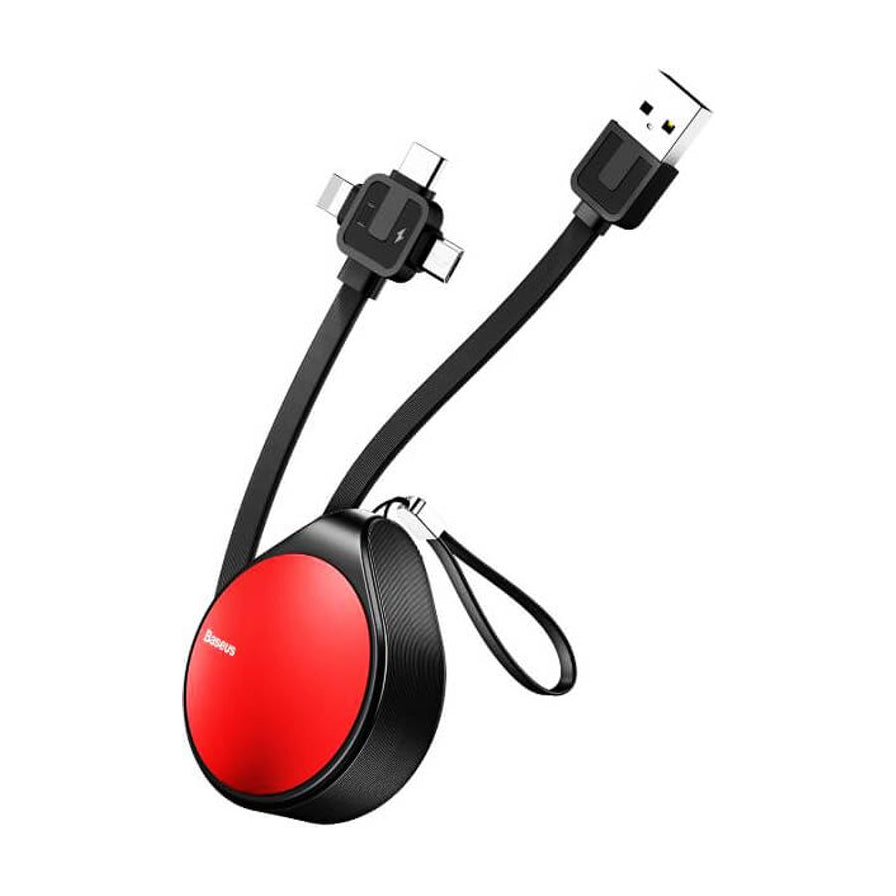 Baseus倍思一拖三伸缩数据线，红黑配色圆盘设计，展示USB输入接口与三个不同类型的充电输出接口。